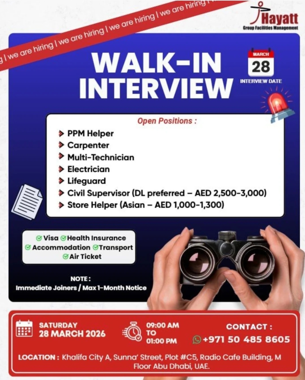 Walk— in – Interview: Hayatt Group Facilities Management careers in Abu Dhabi